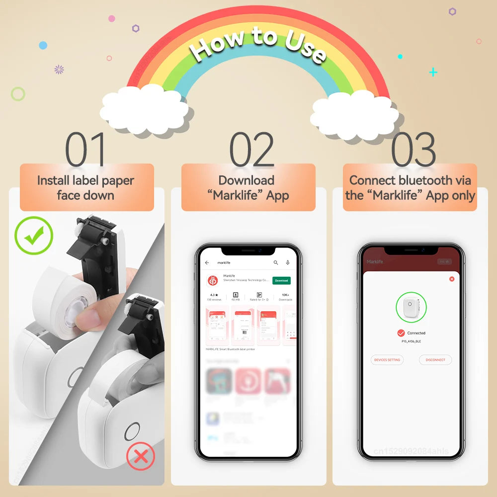 Portable Mini Printer Marklife P12 Thermal Printer Adhesive Sticker Labeling Machine P12 Label Maker or 1PK Continues Label Tape